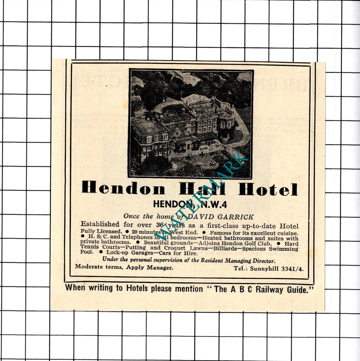 Brent Bridge Hotel Hendon London / Hendon Hall David Garrick Advert 1958 Cutting
