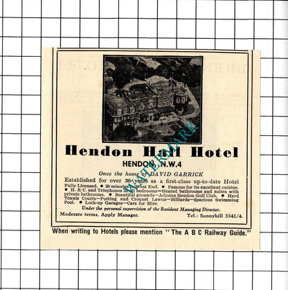 Brent Bridge Hotel Hendon London / Hendon Hall David Garrick Advert 1958 Cutting