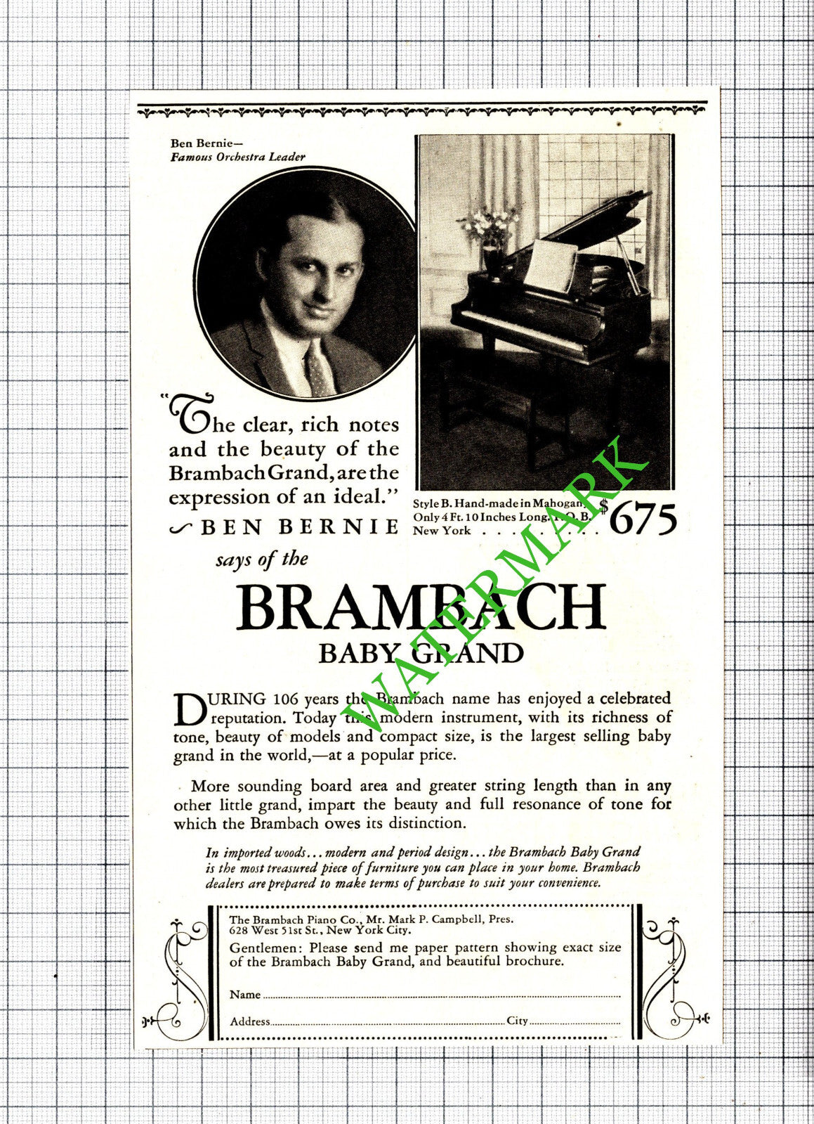 Ben Bernie Orchestra Leader Brambach Piano Co USA Advert - 1929 Cutting