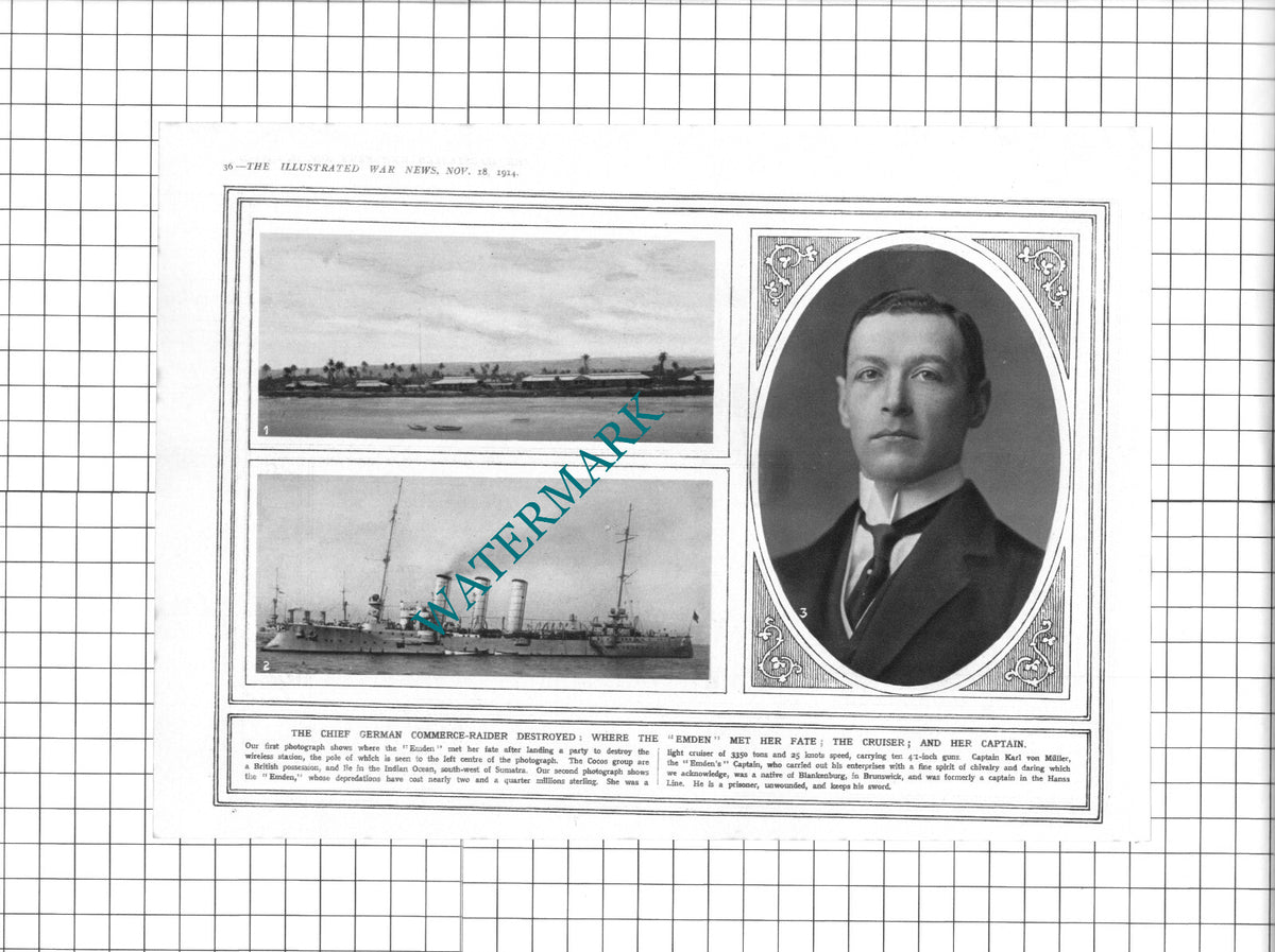 EMDEN Ship Captain Karl von Muller World War One WW1 - 1914 Clipping / Print