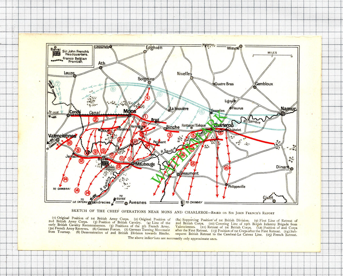 Mons Charleroi  Sir John French WW1 Great War Small Map - c.1920 Cutting / Print