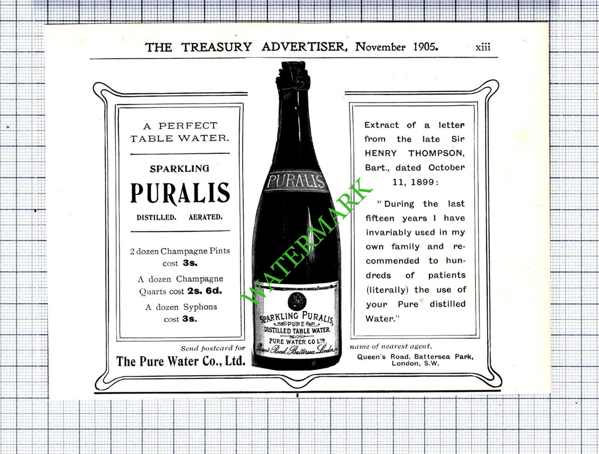 The Pure Water Co Ltd Puralis Water Sir Henry Thompson Advert  - 1905 Cutting