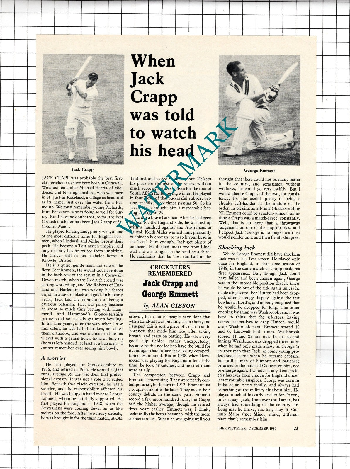 Jack Crapp George Emmett Cricketer Cricket  - 1980 Article