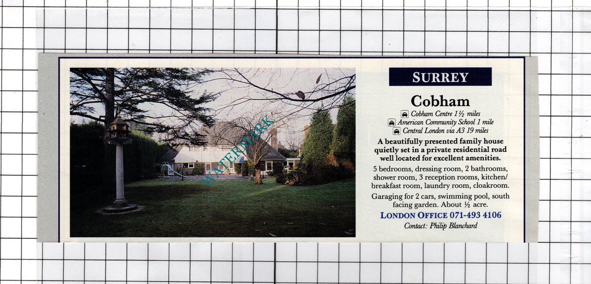 Cobham Surrey House Sale Advert - 1991 Cutting
