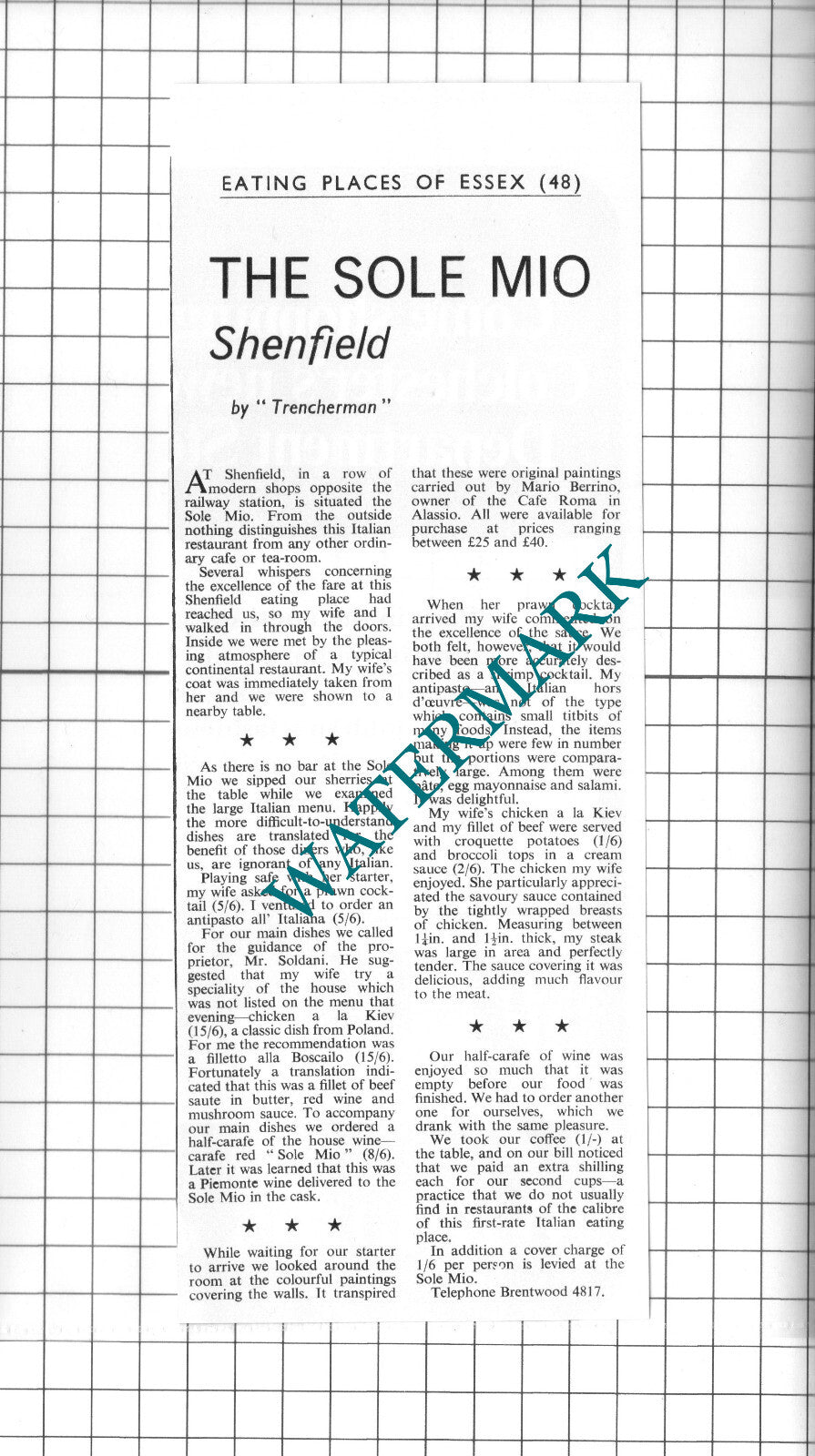 The Sole Mio Shenfield  Essex Mr Soldani  - 1967 Clipping