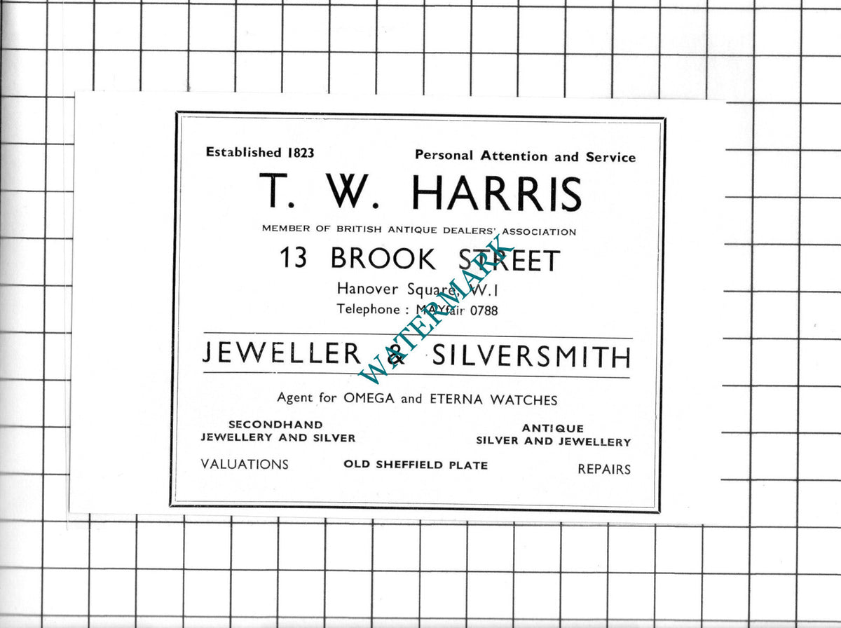 T W Harris Jeweller Silversmith London Small Advert - c.1960's Clipping / Print