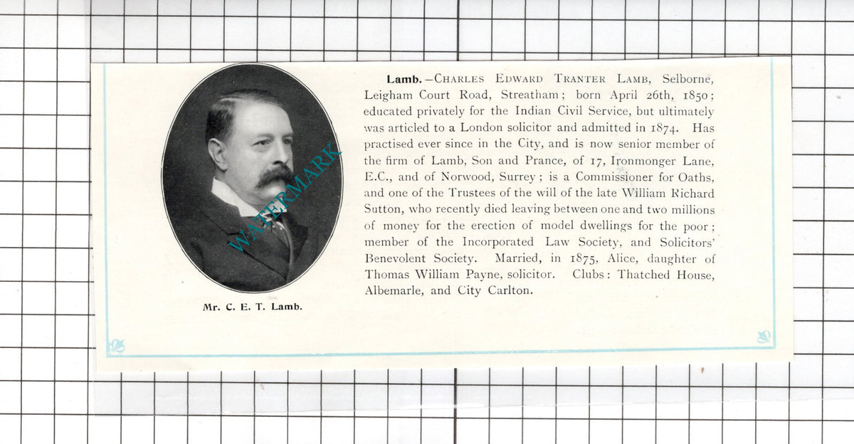 Charles Edward Tranter Lamb Selborne Leigham Court Rd Streatham- c.1905 Clipping