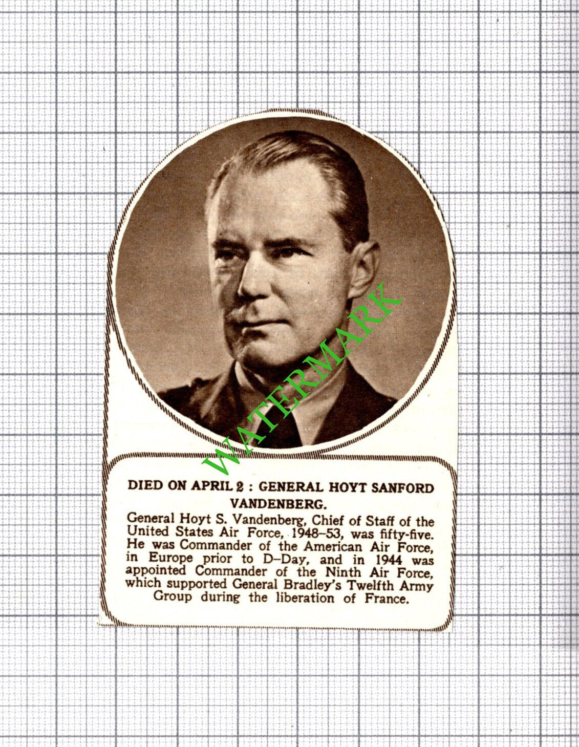 General Hoyt Sanford Vandenberg US Air Force Obituary - 1954 Small Cutting