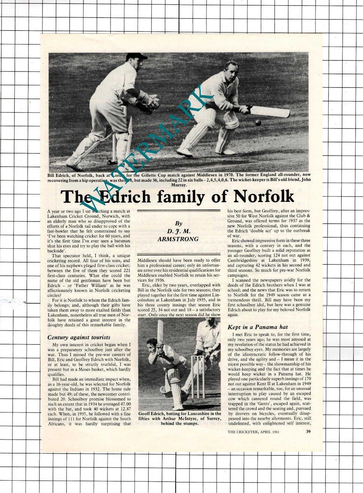 Bill Edrich Norfolk Geoff Edrich Eric Cricketer Cricket  - 1981 Article