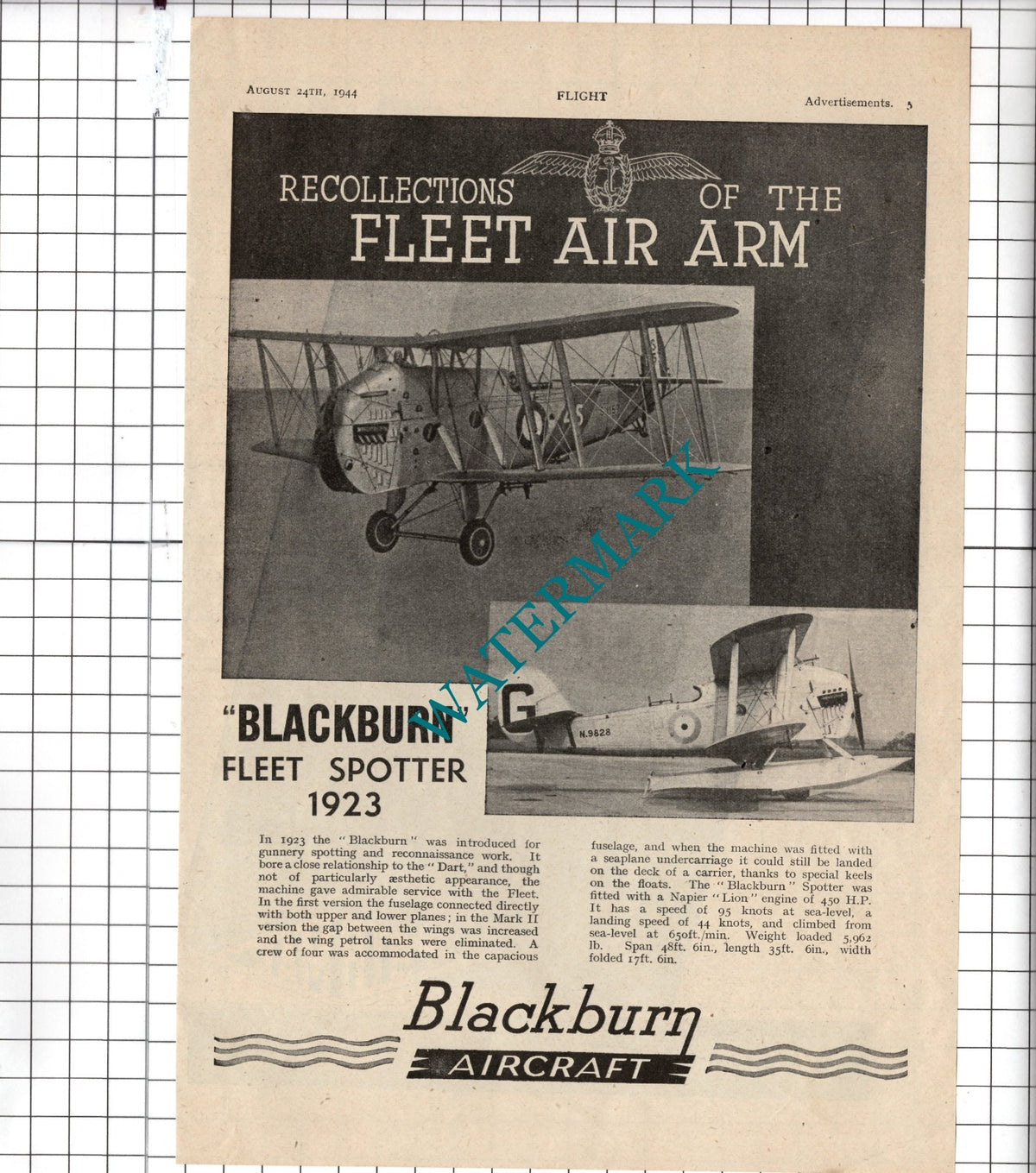 Blackburn Aircraft Fleet Spotter World War Two WW2 Advert - 1944 Clipping