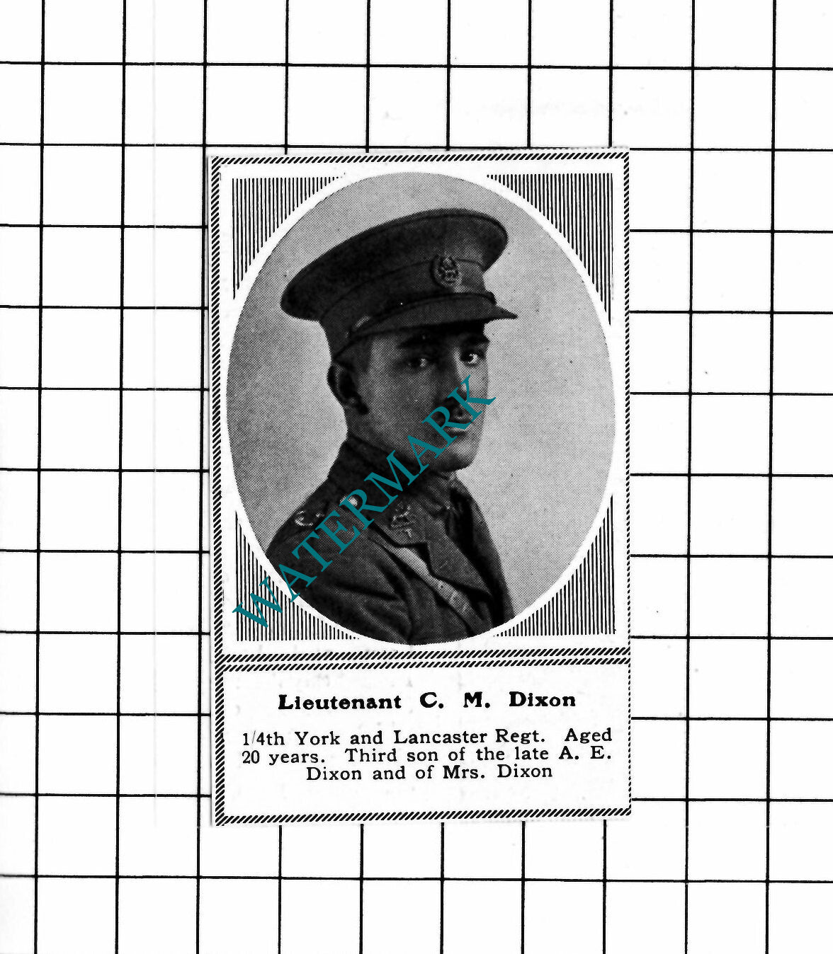 Lt C M Dixon 1/4th York and Lancaster Regiment WW1 c.1918 SMALL Clipping/  Print