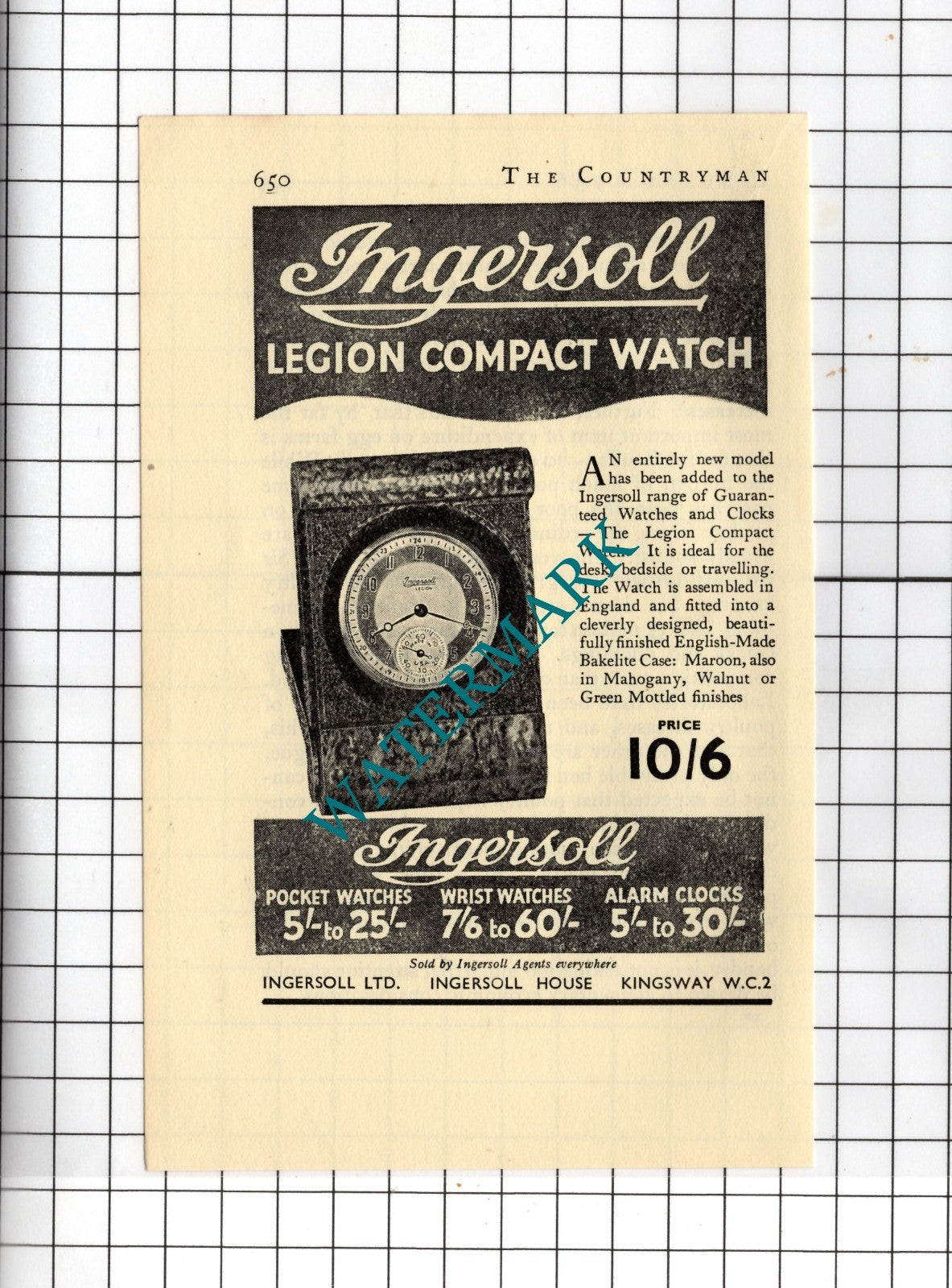 Ingersoll Legion Compact Watch ADVERT - 1936 Small Advert