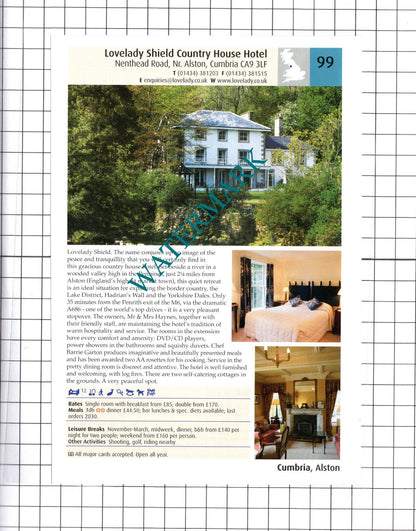Lovelady Shield Hotel Alston / Ees Wyke Near Sawrey Hawkshead - 2011 Advert