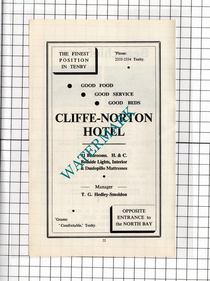 Beauchief Hotel Tenby Wales Jones / Cliffe-Norton Hedley-Smoldon  - 1962 ADVERT