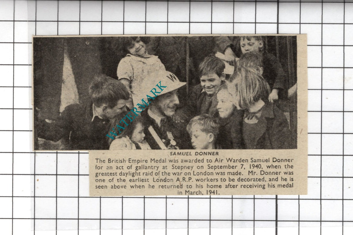 Air Warden Samuel Donner Stepney London  WW2  - 1941 Small News Clipping