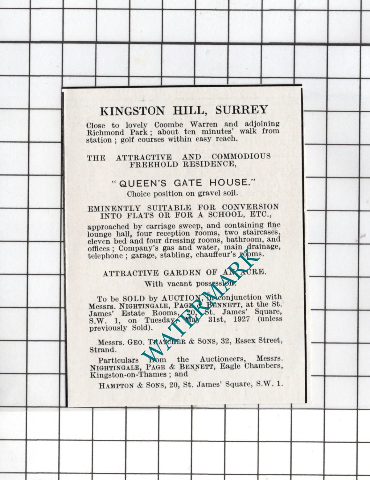 Queen's Gate House Kingston Hill Surrey - 1927 Small House Sale Advert