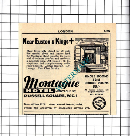 Westway Hotel London / Montague Hotel Russell Square Small Advert -1958 Cutting