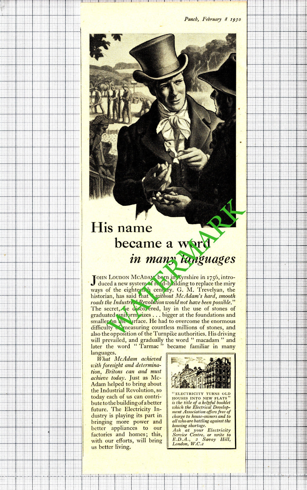 John Loudon McAdam Electricity Advert - 1950 Cutting