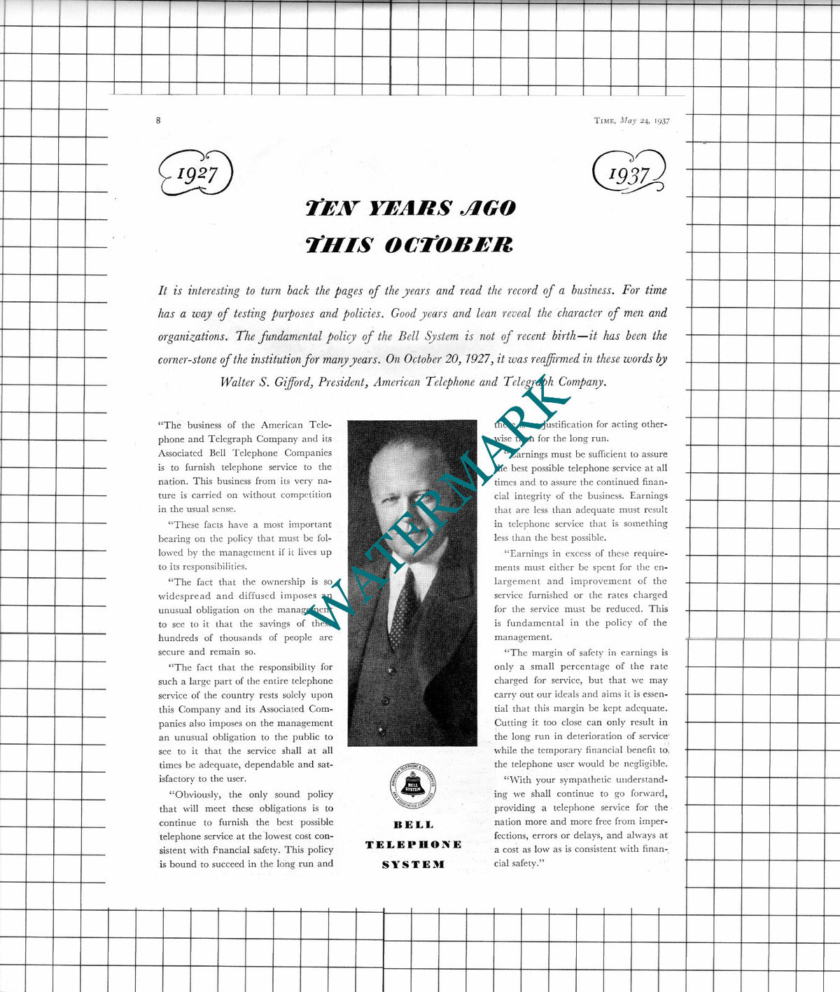 Walter S Gifford American Telephone and Telegraph Co Advert- 1937 Clipping