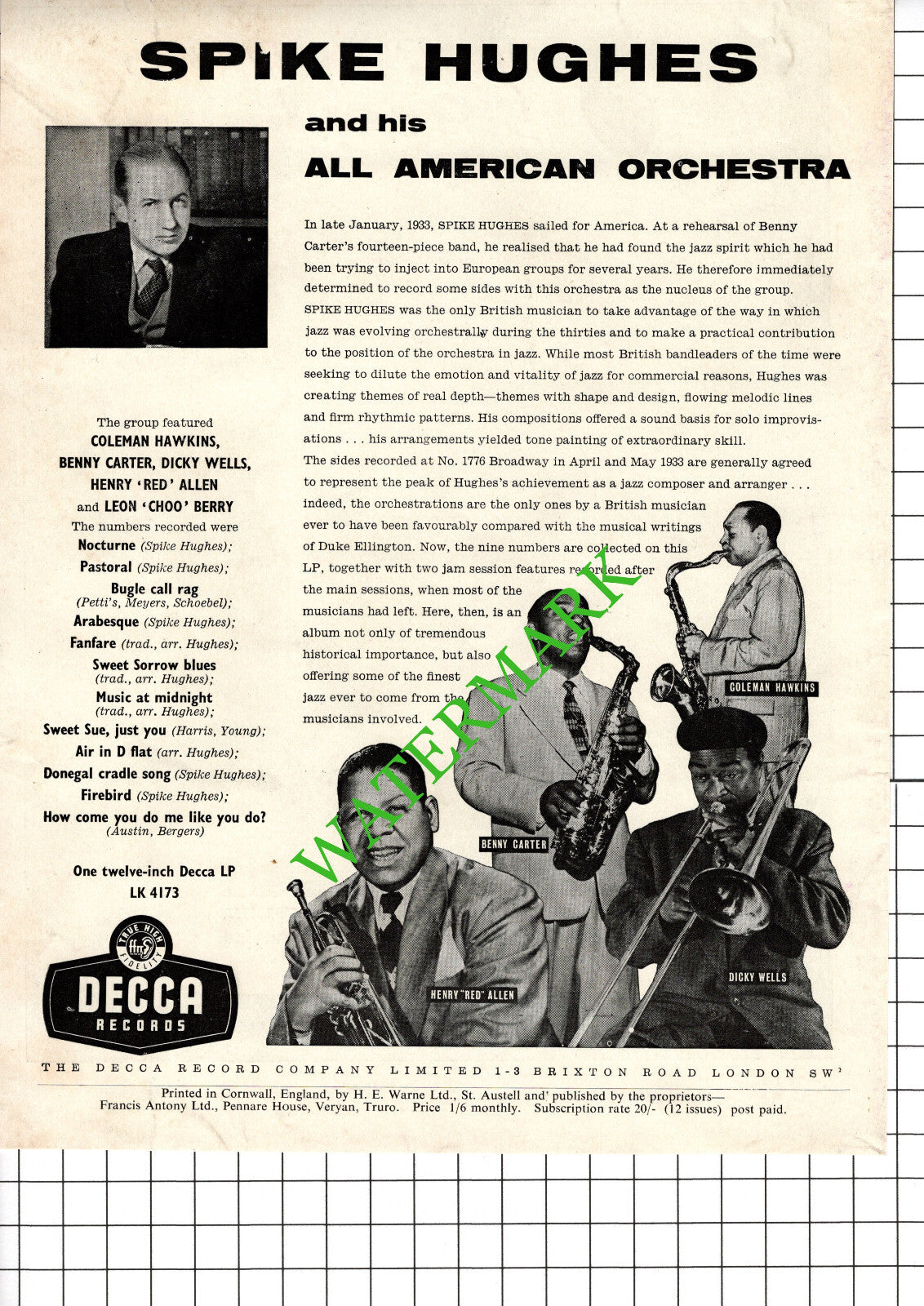 Spike Hughes Benny Carter Band Coleman Hawkins Advert -  1957 Cutting