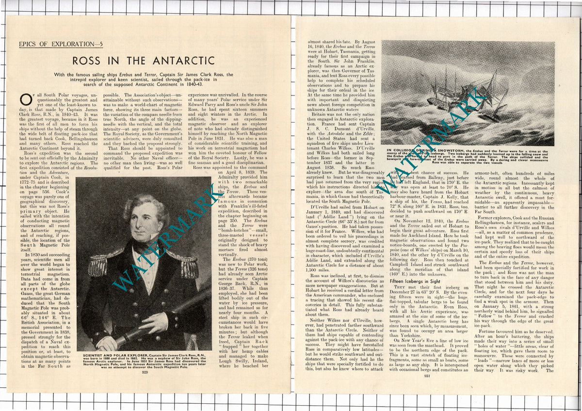 Captain Sir James Clark Ross Antarctic - c.1940 Article / Print