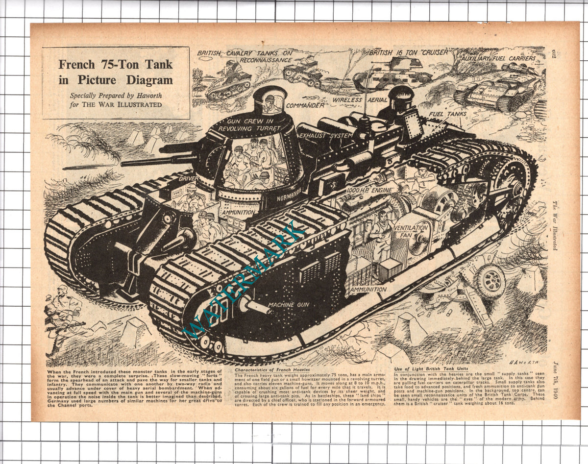 French 75 Ton Tank Heavy Tank World War Two WW2 - 1940 Clipping / Print