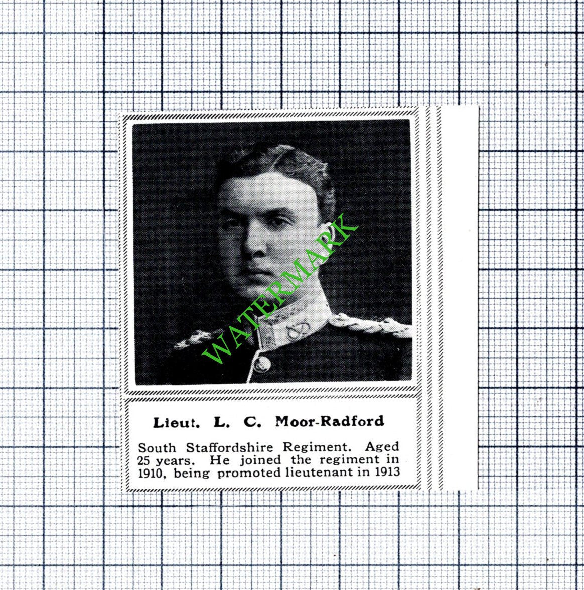 Lt L C Moor-Radford South Staffordshire Regiment WW1 - 1915 SMALL Cutting