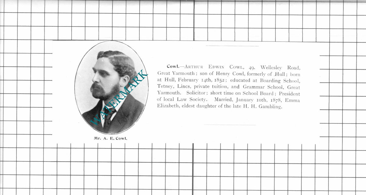 Arthur Edwin Cowl Great Yarmouth Norfolk -  1911 Clipping
