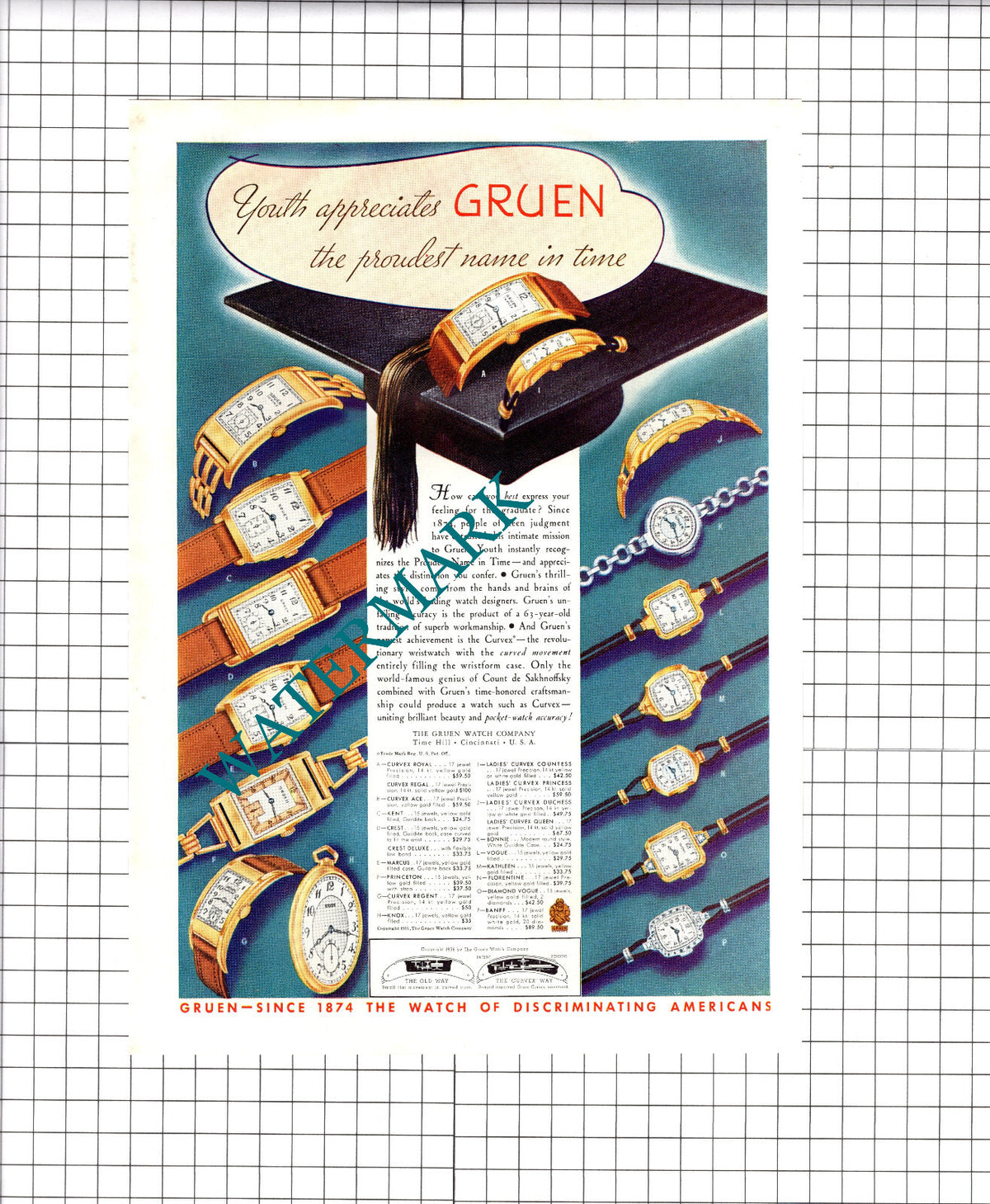 Gruen Watch Company Cincinnati  USA ADVERT   - 1937 Print / Clipping