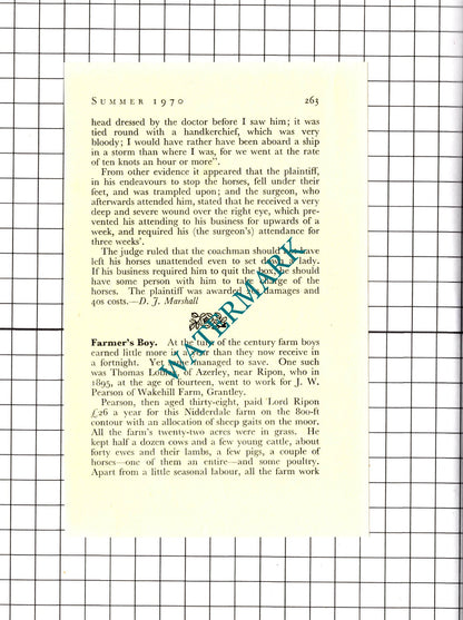 Thomas Lobley Azerley Yorkshire  Wakehill Farm Grantley  - 1970 Article / Print