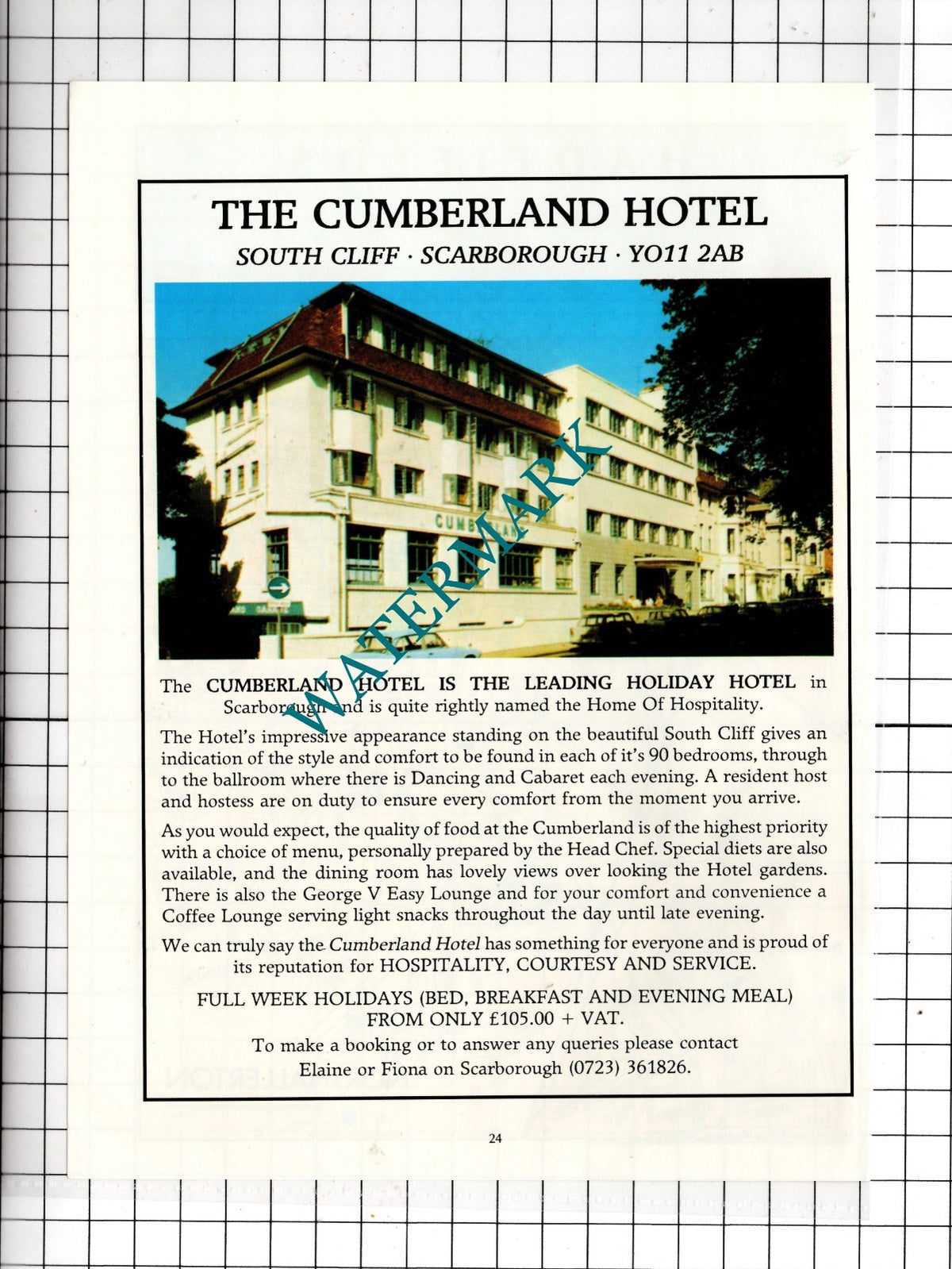 The Cumberland Hotel South Cliff Scarborough - c.1980s Advert