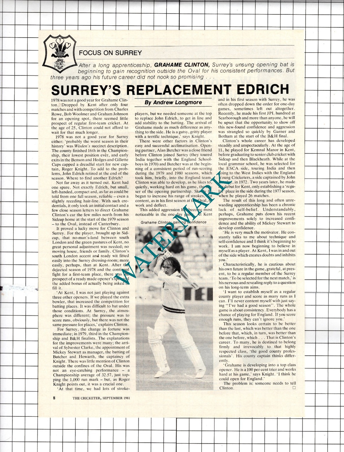 Grahame Clinton Cricketer Cricket  - 1981 Article