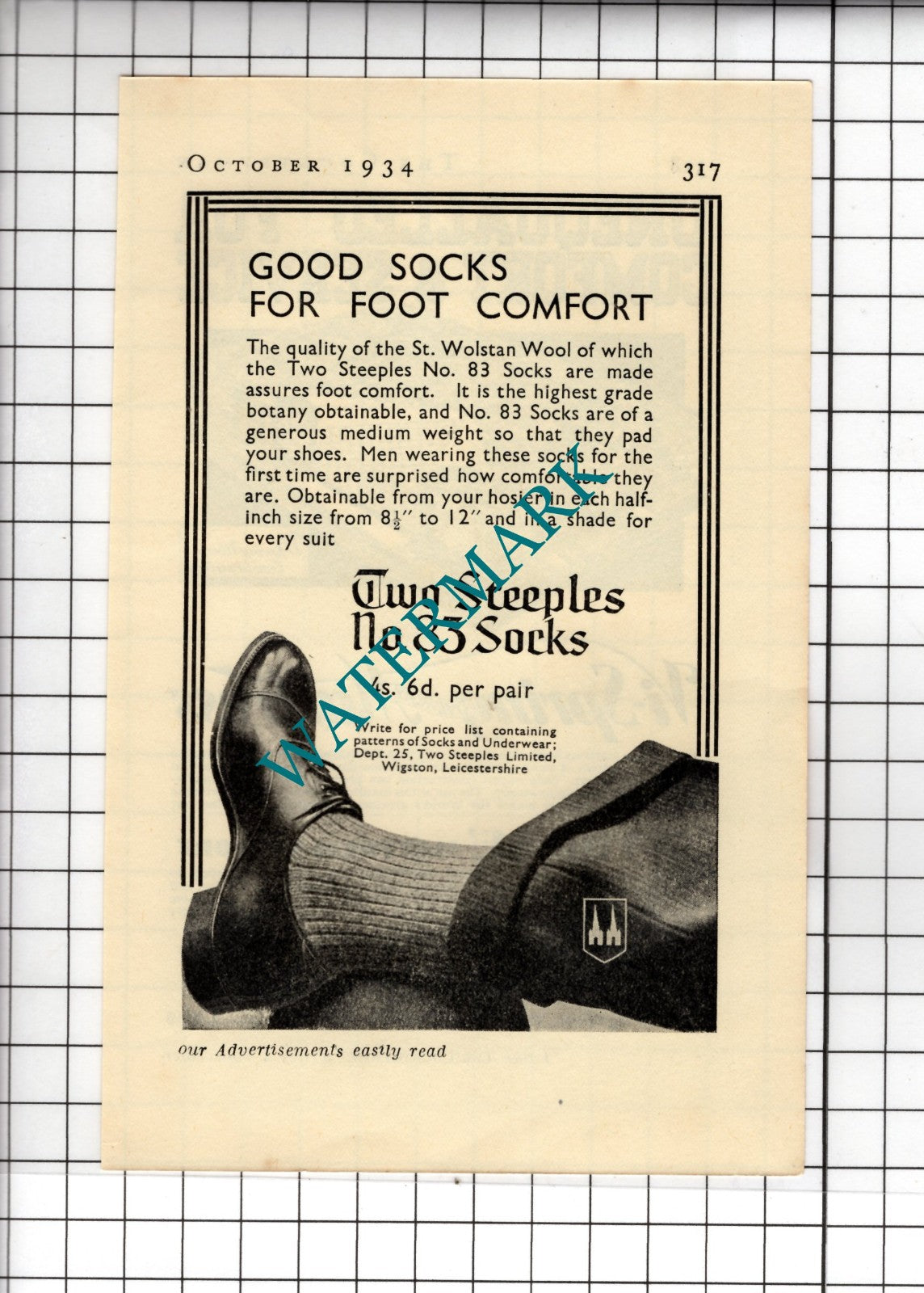 Two Steeples No 83 Socks  - 1934 Small Advert