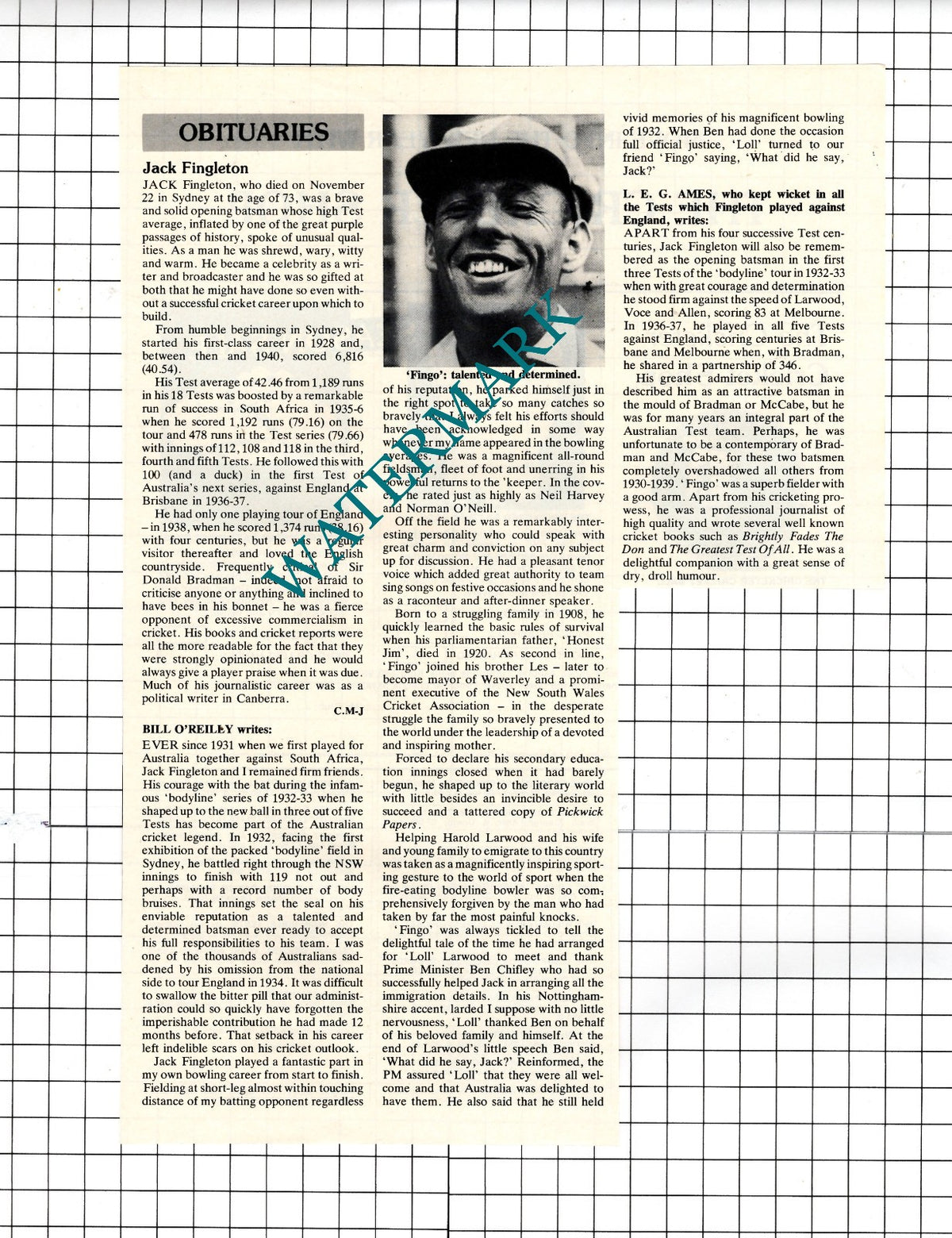 Jack Fingleton Cricket Obituary  - 1982 Clipping