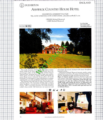 Ashwick Hotel Dulverton  / Wallett's Court West Cliffe Dover Oakley 2001 Cutting