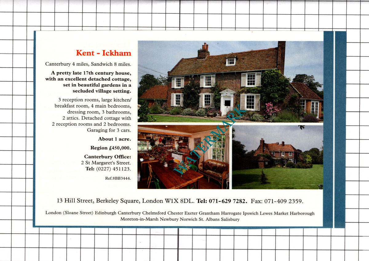 Ickham Kent / Hitchin Hertfordshire House Sale Advert - c.1991 Cutting / Print