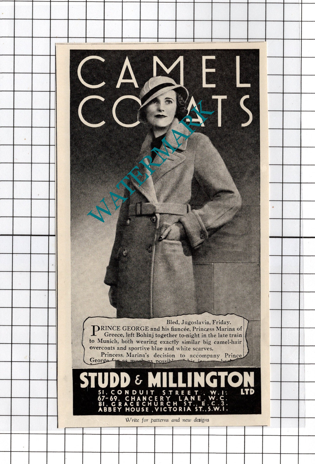 Studd & Millington Ltd Camel Coats -  1934 Small ADVERT