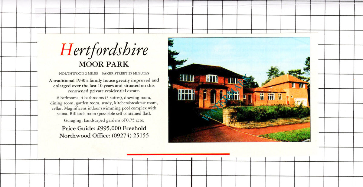 Moor Park Hertfordshire House Sale Advert - 1991 Clipping / Print