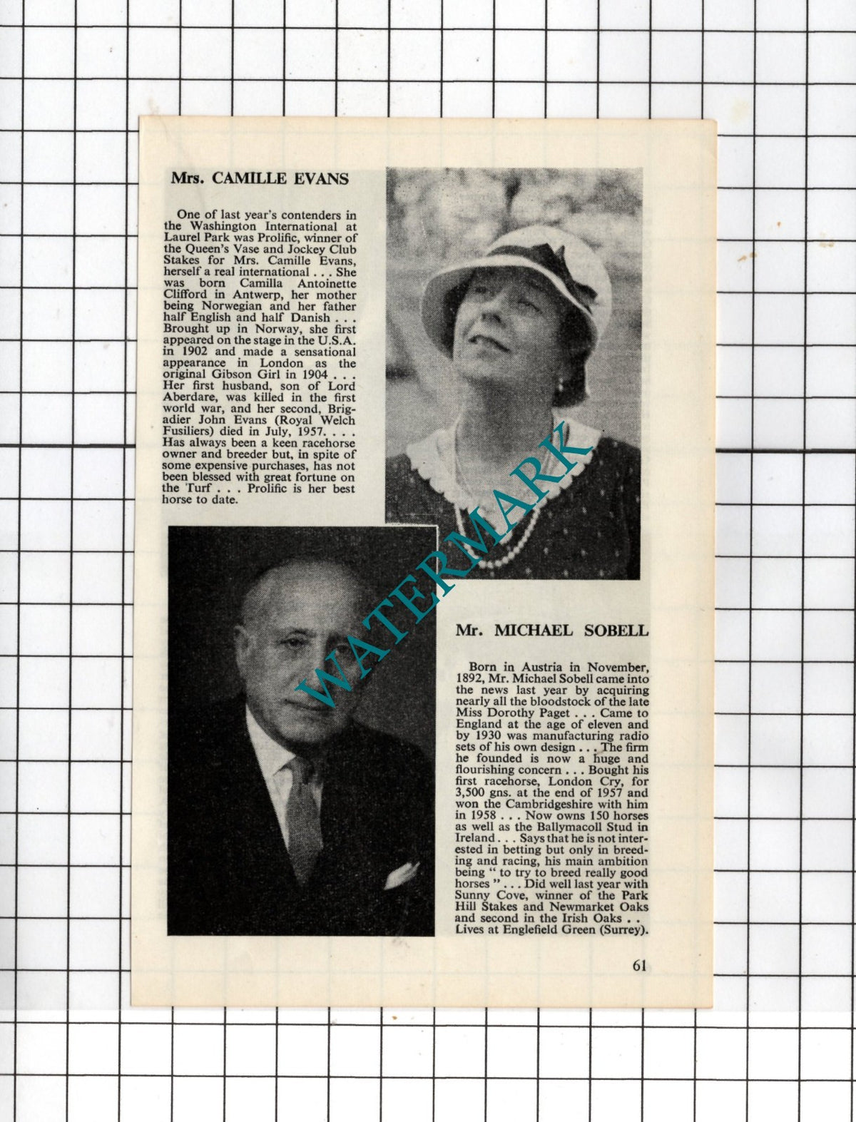 Mrs Camille Evans Michael Sobell Ron Mason Dick Hern  Horse Racing 1960 Clipping