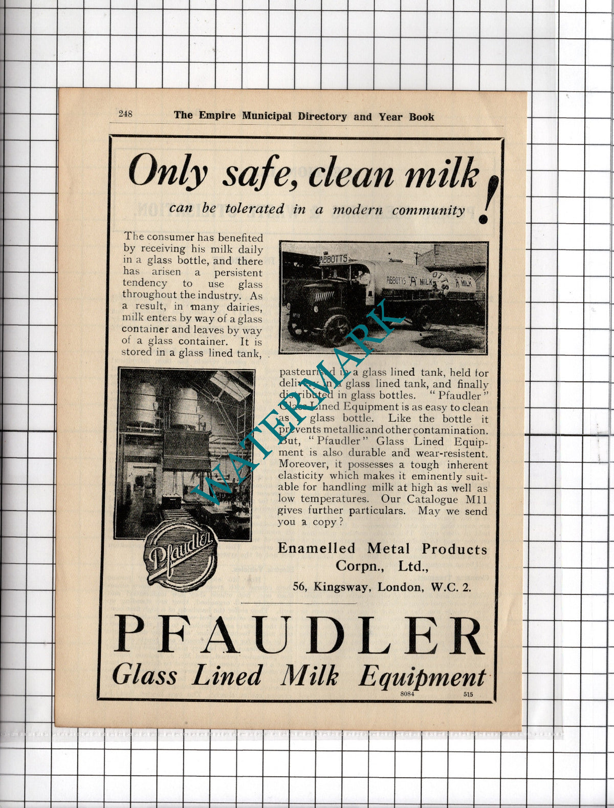 Pfaudler Milk Equipment Enamelled Metal Products Corp Ltd London - 1927 Advert