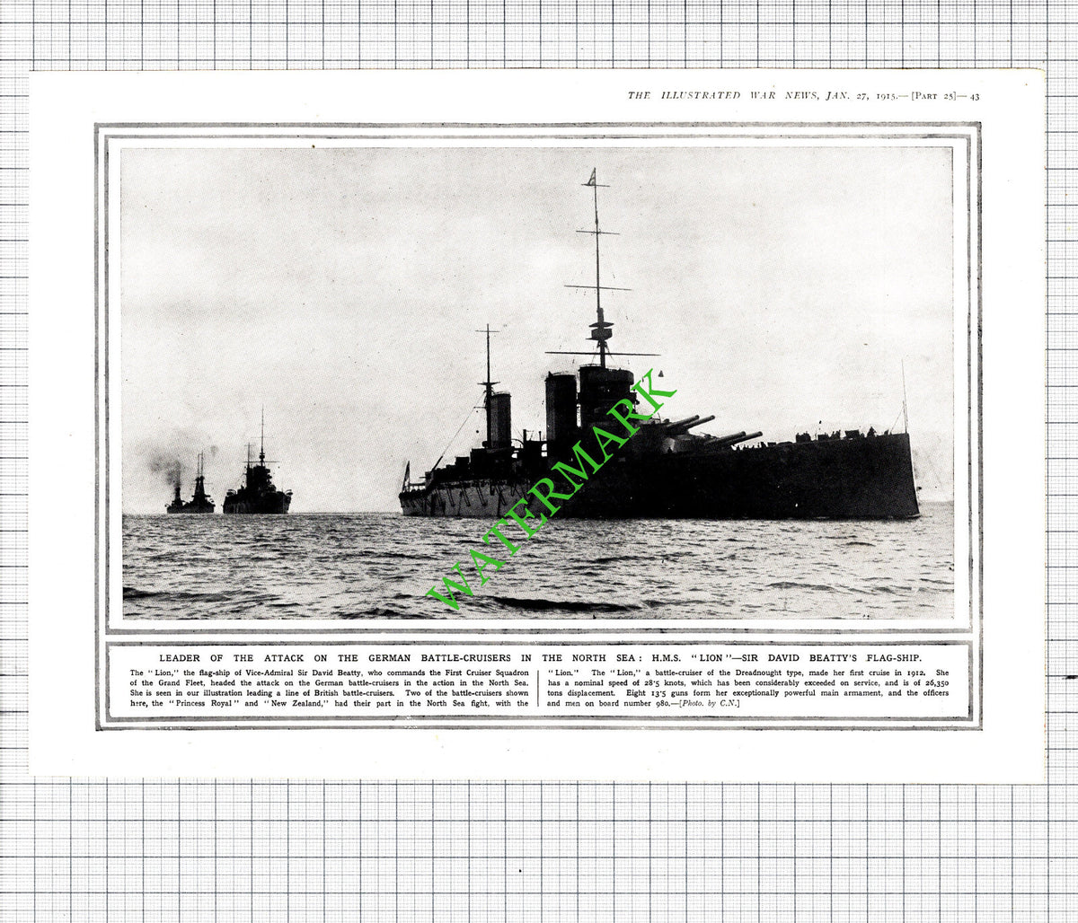HMS LION Sir David Beatty World War One WW1 - 1915 Cutting / Print