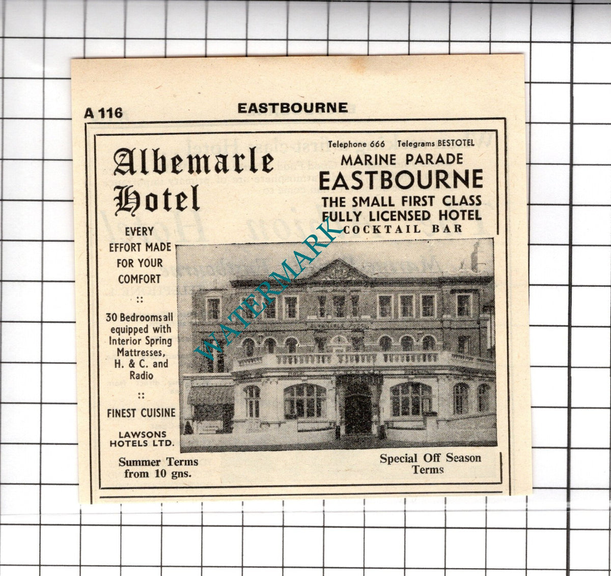 The Albion Hotel Eastbourne Sussex / Albermarle Hotel Advert -1958 Cutting