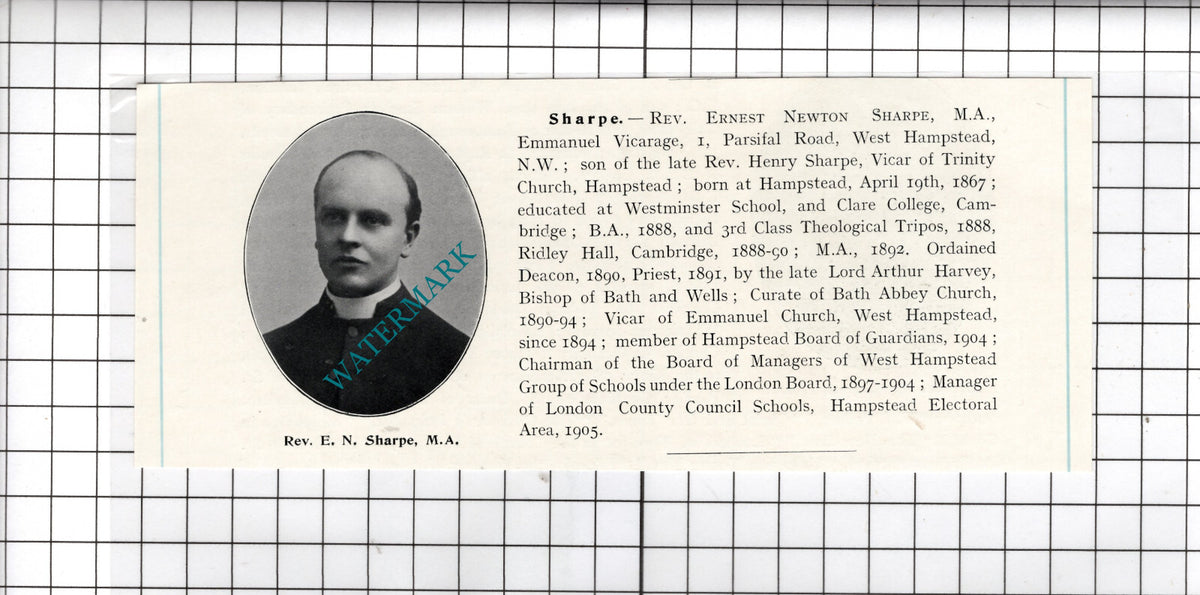 Rev Ernest Newton Sharpe Emmanuel Vicarage Hampstead London - c.1910 Cutting
