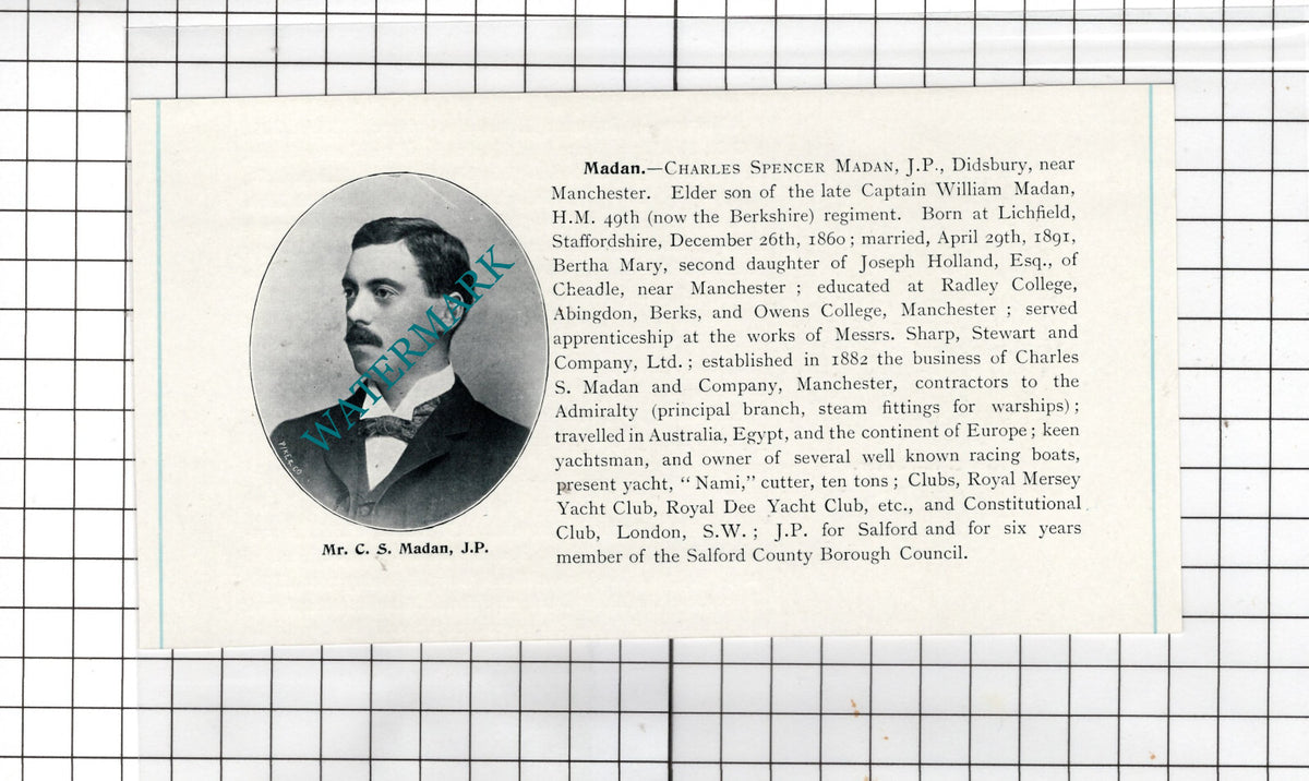 Mr Charles Spencer Madan Didsbury Manchester  - c.1900 Cutting