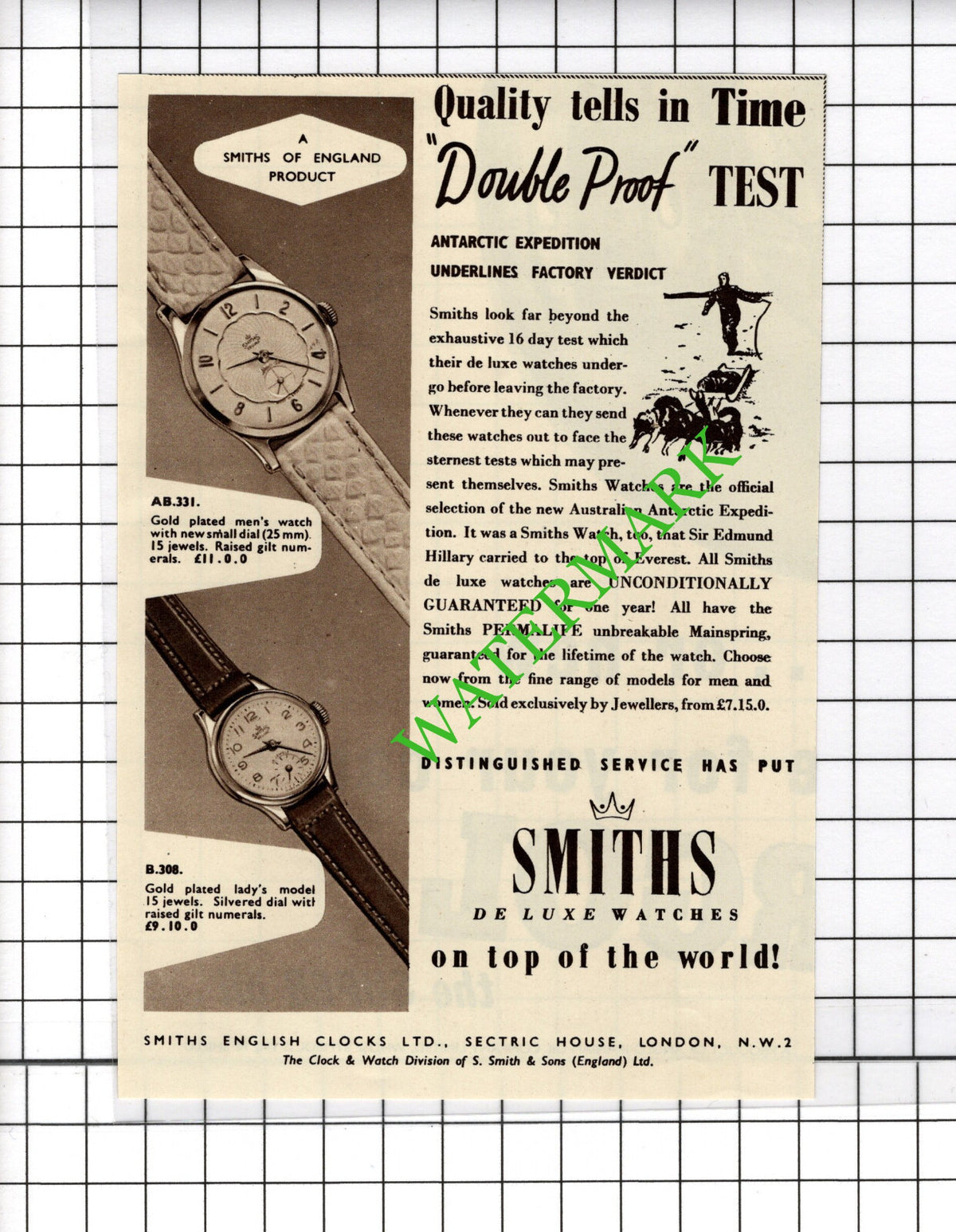 Smiths English Clocks Ltd London Advert  - 1954 Small Cutting