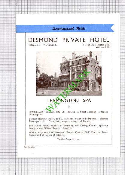 Desmond Hotel Leamington Spa   / Central Hotel Advert - 1930s Cutting
