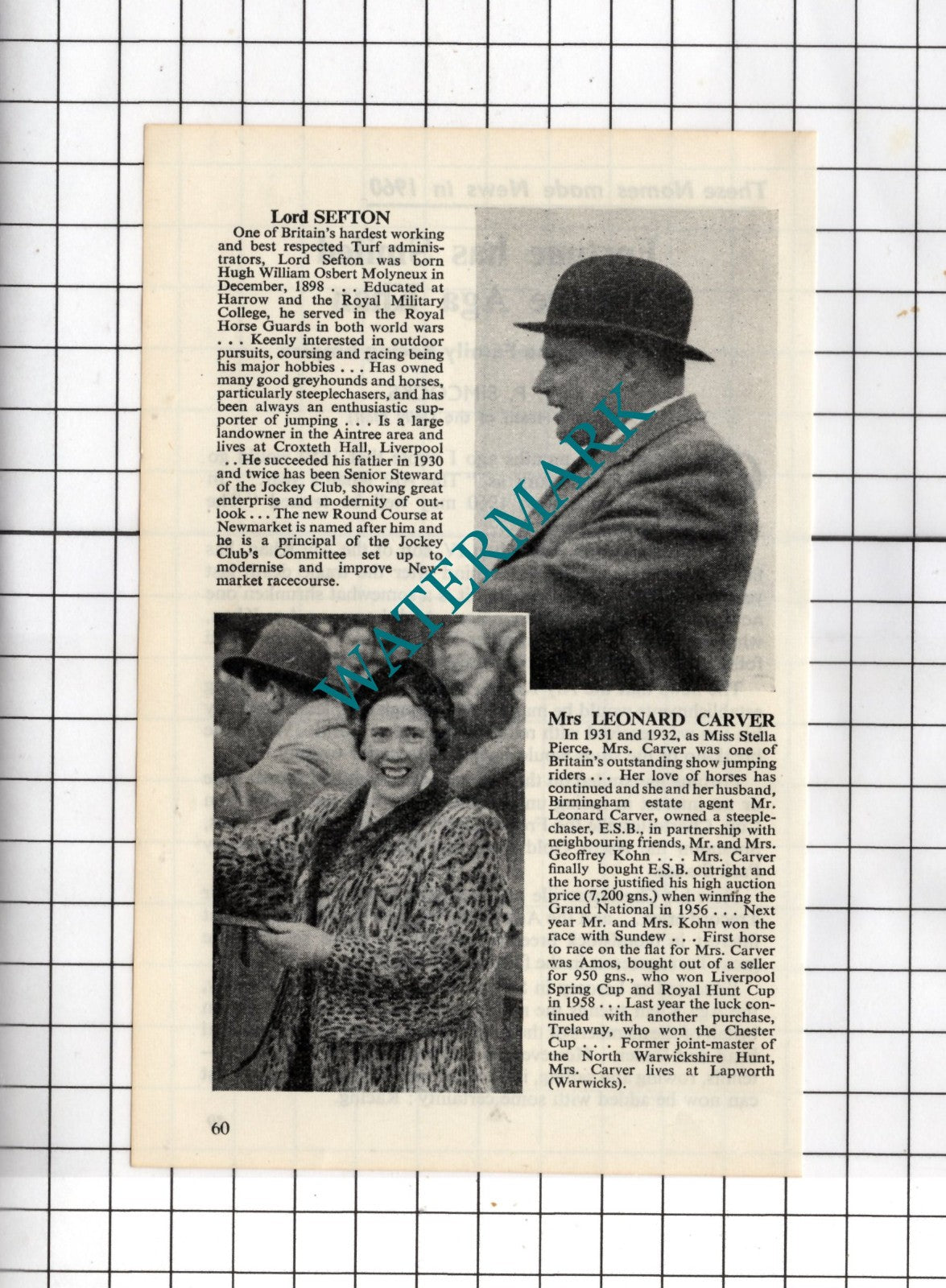Lord Sefton  Mrs Leonard Carver Horse Riding -  1960 Small Clipping