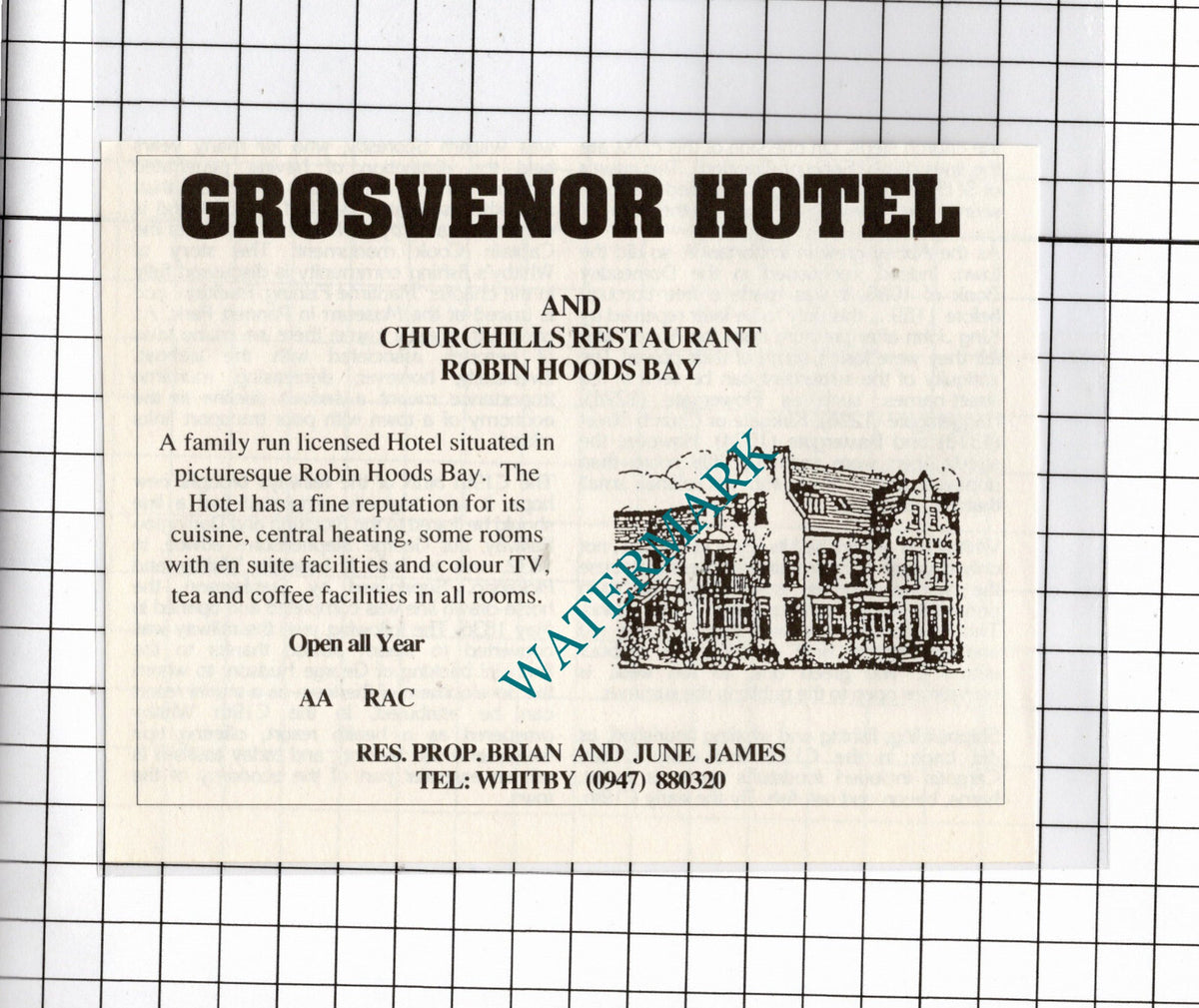Grosvenor Hotel Robin Hoods Bay North Yorkshire Brian James   - 1990 Advert