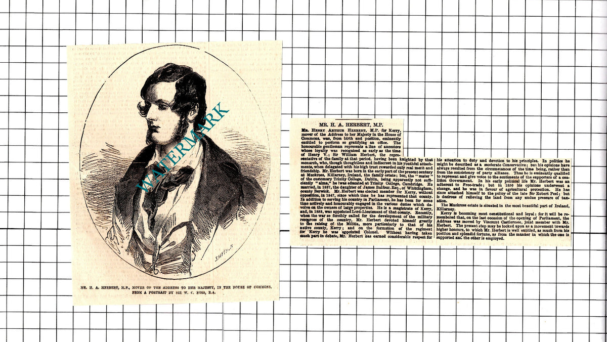 Henry Arthur Herbert MP Kerry Ireland - 1854 2-Part Clipping / Print