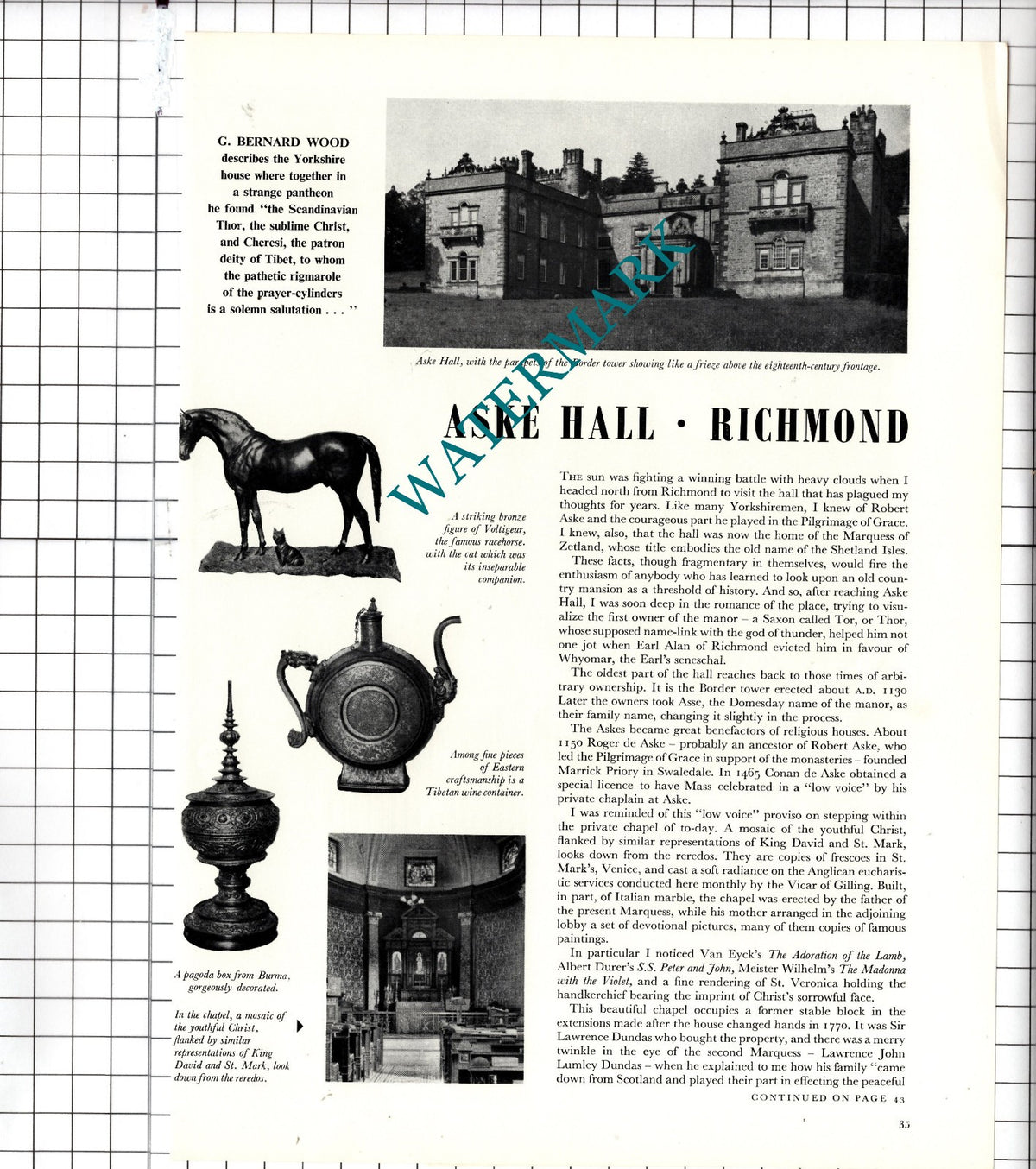 Aske Hall Richmond Yorkshire  - 1956 Article